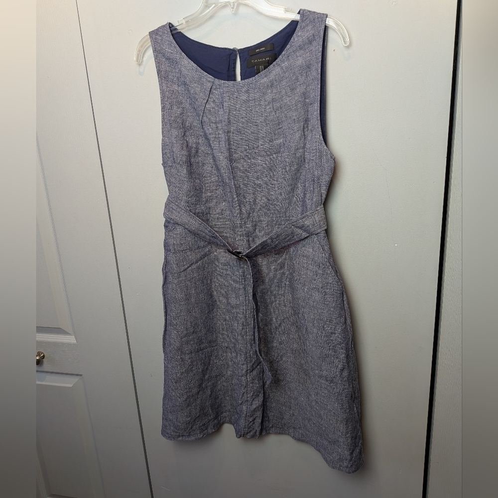TAHARI Mini Sleeveless Women Dress Blue Color Side 10 Size Zipper 100% Linen